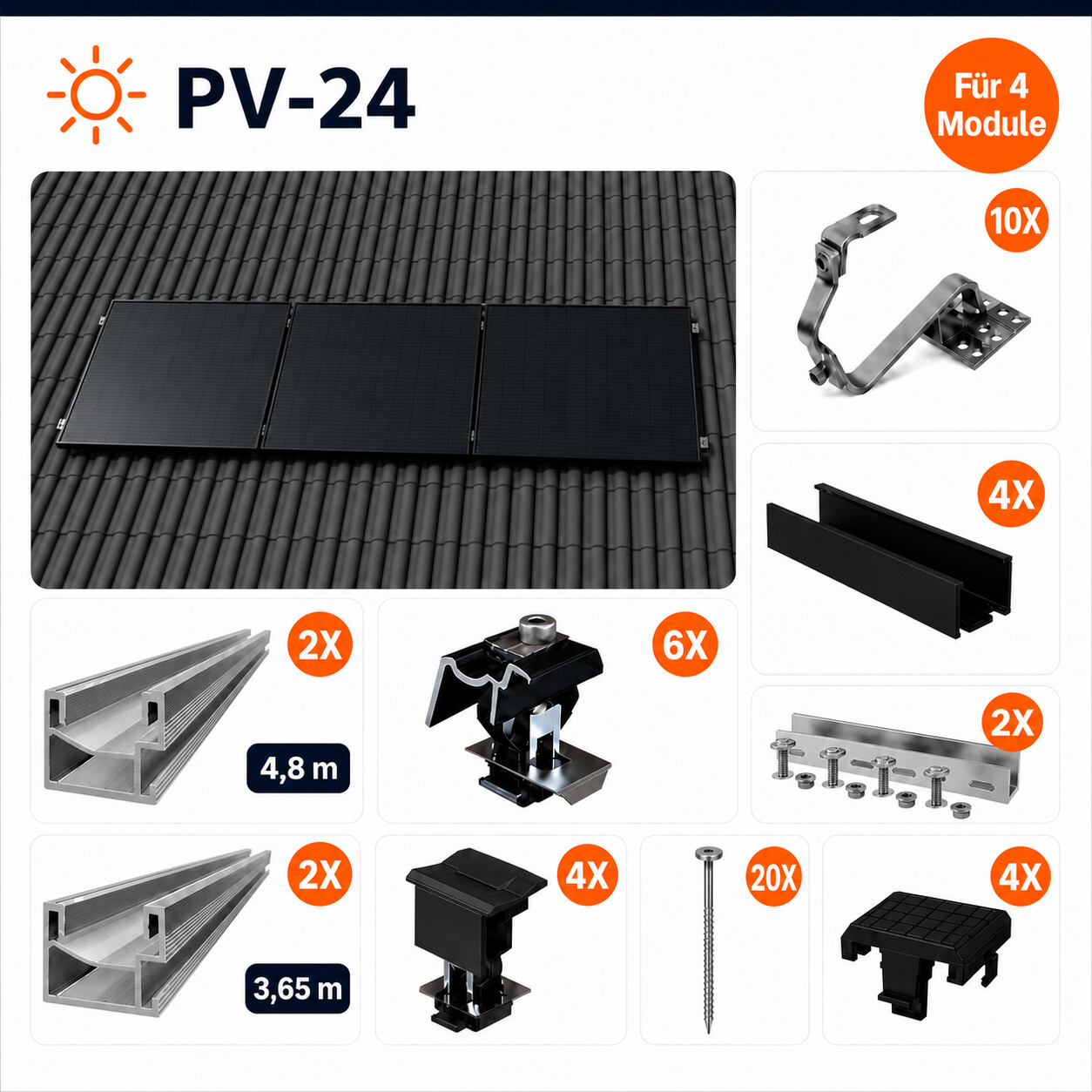 Montageset Schrägdach Quer Für 4 Module. Montageset Schrägdach Quer Für 4 Module.
